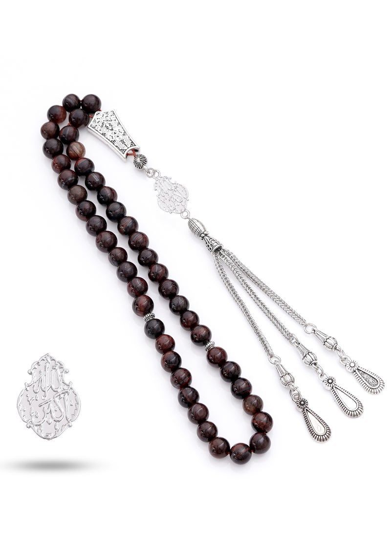 Subhati Prayer Beads (Misbah) with metal Parts and Red Tiger Eye Stone | 8 MM Beads - 45 Pcs | Gandeel writing 2  - Image 2