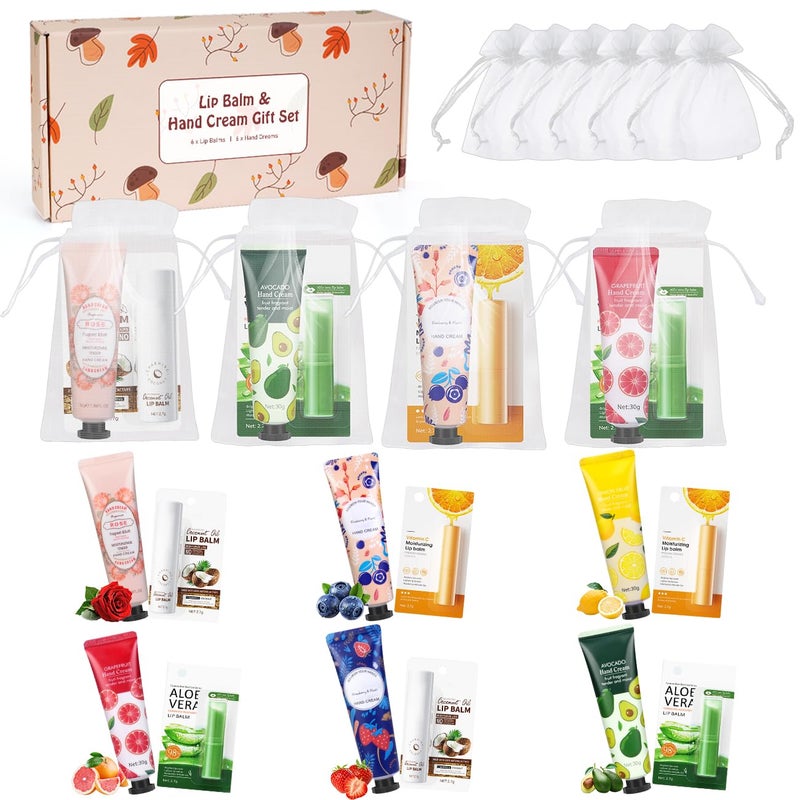 SUPERSUN Lip Balm And Hand Cream Gift Set For Women, 6 Lip Balm Bulk + 6 Organza Bags + 6 Hand Lotion, Bridal Wedding Favor for Guests , Christmas Gifts Stocking Stuffers Teacher Appreciation Thank You Gifts - Image 1