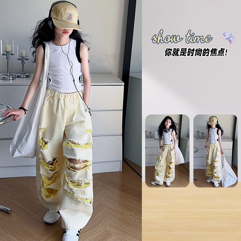 Girls' Jeans Summer Dress Big Kids Fashion Design Girl Navel Vest Ripped Jeans Two-Piece Set - Image 4