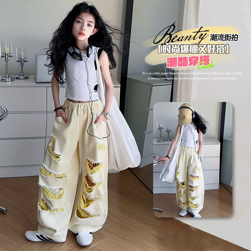 Girls' Jeans Summer Dress Big Kids Fashion Design Girl Navel Vest Ripped Jeans Two-Piece Set - Image 3