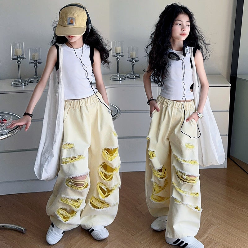 Girls' Jeans Summer Dress Big Kids Fashion Design Girl Navel Vest Ripped Jeans Two-Piece Set - Image 5