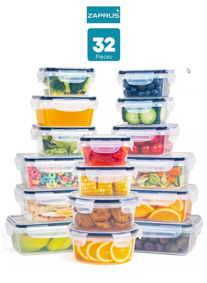 زابروس حافظات بلاستيك محكمة الإغلاق – ٣٢ قطعة علب حفظ الطعام | آمنة للميكرويف والفريزر | أغطية مانعة للتسرب – لتنظيم المطبخ والثلاجة والوجبات - Image 1