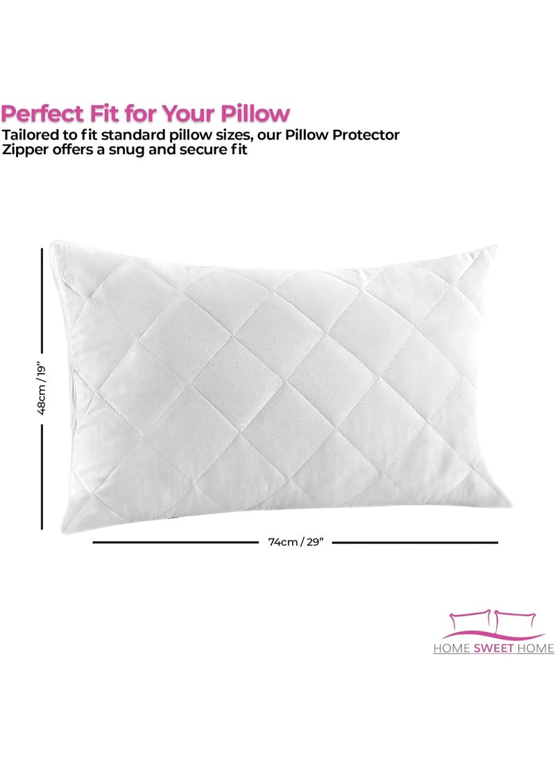Microfiber Pillow Protectors, Pack of 4, Zipped Quilted Pillow Cases, Hypo Allergenic Bed Pillow Covers Set, Soft & Comfortable Zipper Pillow Encasement - 74cm x 48cm, White  - Image 5