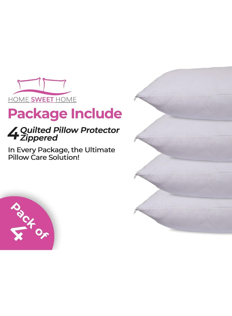 Microfiber Pillow Protectors, Pack of 4, Zipped Quilted Pillow Cases, Hypo Allergenic Bed Pillow Covers Set, Soft & Comfortable Zipper Pillow Encasement - 74cm x 48cm, White  - Image 2