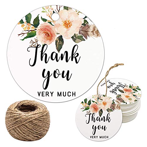 Mr.Mug Thank You for Celebrating with Us Tags, 100Pcs Floral Thank You Tags for Wedding Birthday Baby Shower Party Favors, Paper Gift Tags with 100 Feet Jute String - Image 1