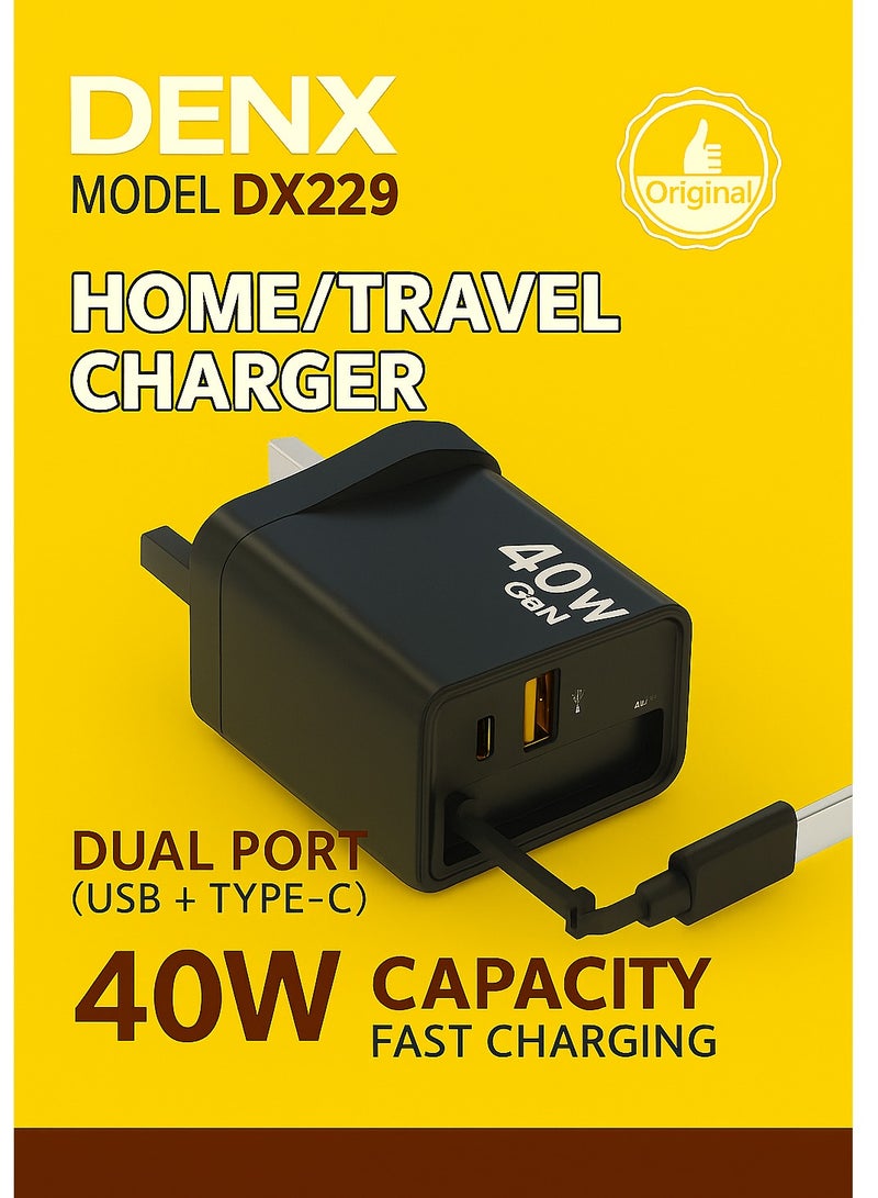 Denx DENX DX229 40W Fast Charging Wall Charger | Dual USB + Type-C Ports | PD & QC 3.0 Support | Mobile Charger for iPhone, Samsung, Huawei & Android Devices  - Image 1
