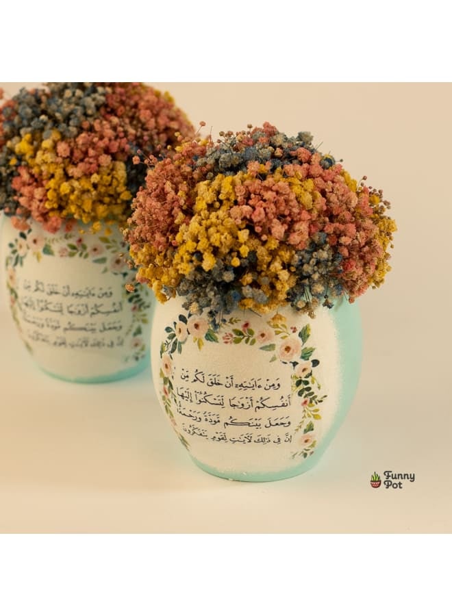 Pottery Plant Pot with natural immortal baby flowers - turquoise - 15*10 cm