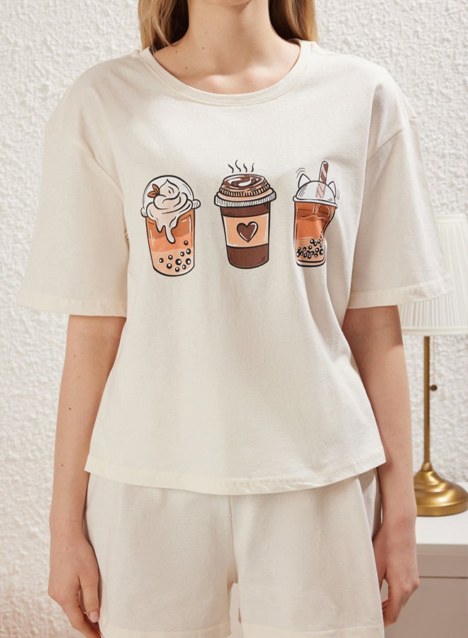 trendyol Ekru % Cotton Coffee Printed Knitted Pajama Set with Shorts - Image 4