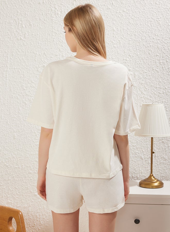 trendyol Ekru % Cotton Coffee Printed Knitted Pajama Set with Shorts - Image 5