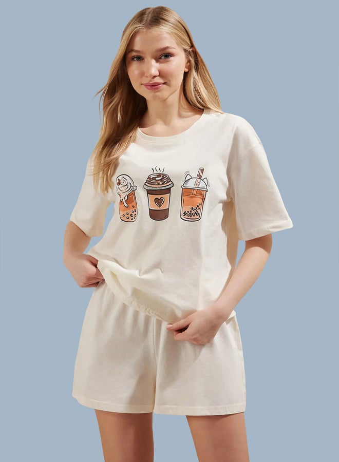 trendyol Ekru % Cotton Coffee Printed Knitted Pajama Set with Shorts - Image 1