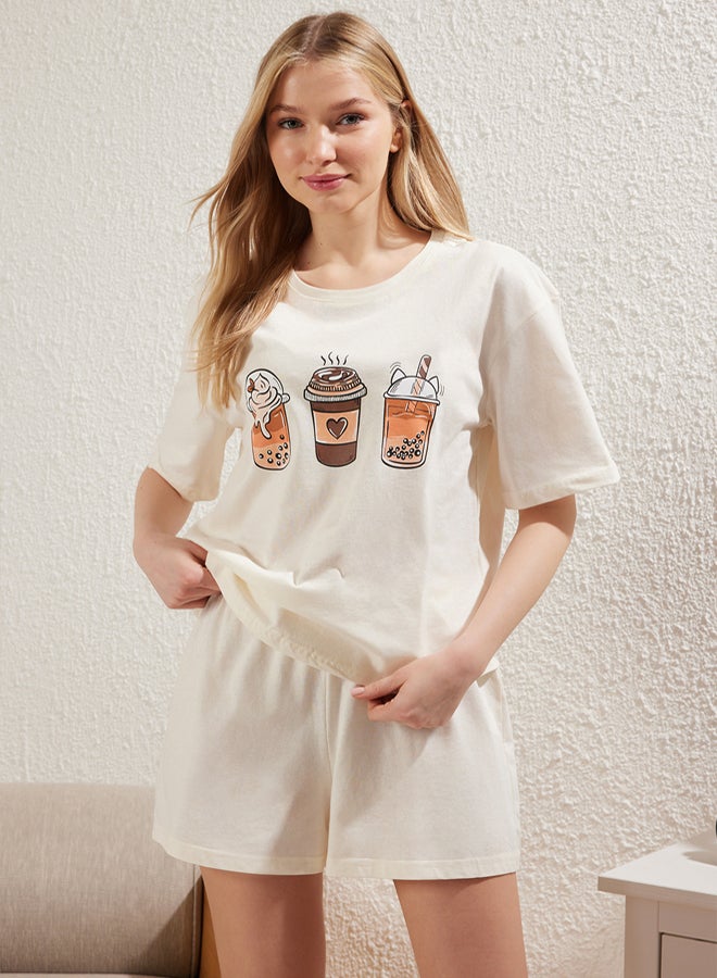 trendyol Ekru % Cotton Coffee Printed Knitted Pajama Set with Shorts - Image 3
