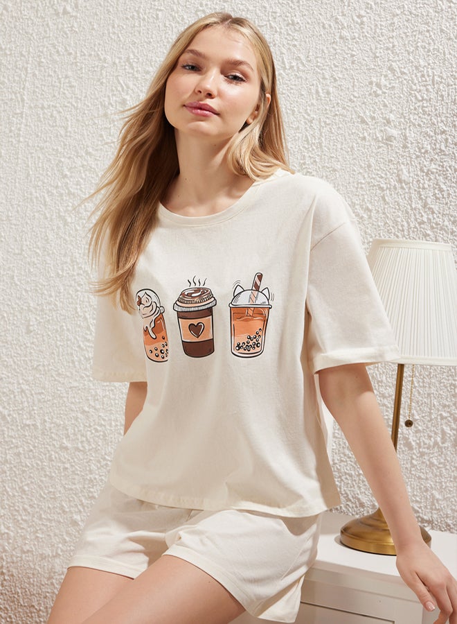 trendyol Ekru % Cotton Coffee Printed Knitted Pajama Set with Shorts - Image 2