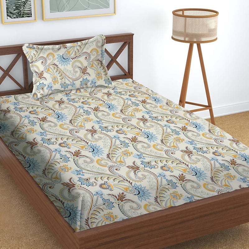 STARNSTYLE Premium 160 TC Ezyption Cotton Bedsheet for Single Bed with 1 Pillow Covers Soft Brethable Wrinkle Free Cream Peacok