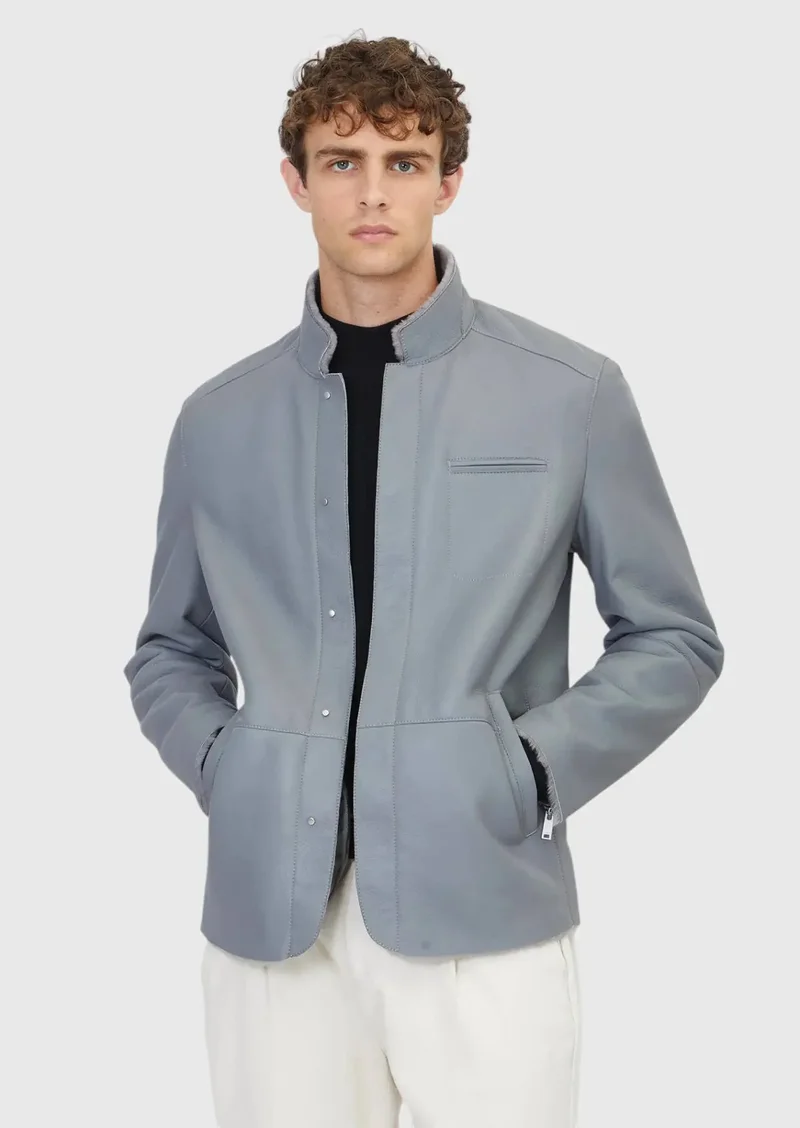 RAMSEY Grey Regular Fit Turtleneck Casual Shearling Leather Coat