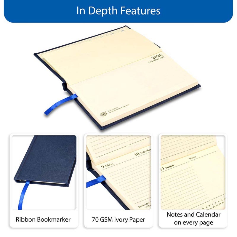 FIS مفكرة FIS 2026 رفيعة، حجم رفيع 170x90 مم، غلاف صلب، مواد PU إيطالية، تنسيق أسبوعي في لمحة، عرض أفقي، إنجليزي، ورق عاجي إيطالي 70 جرام، غلاف أزرق - FSDI57E26BL - Image 5