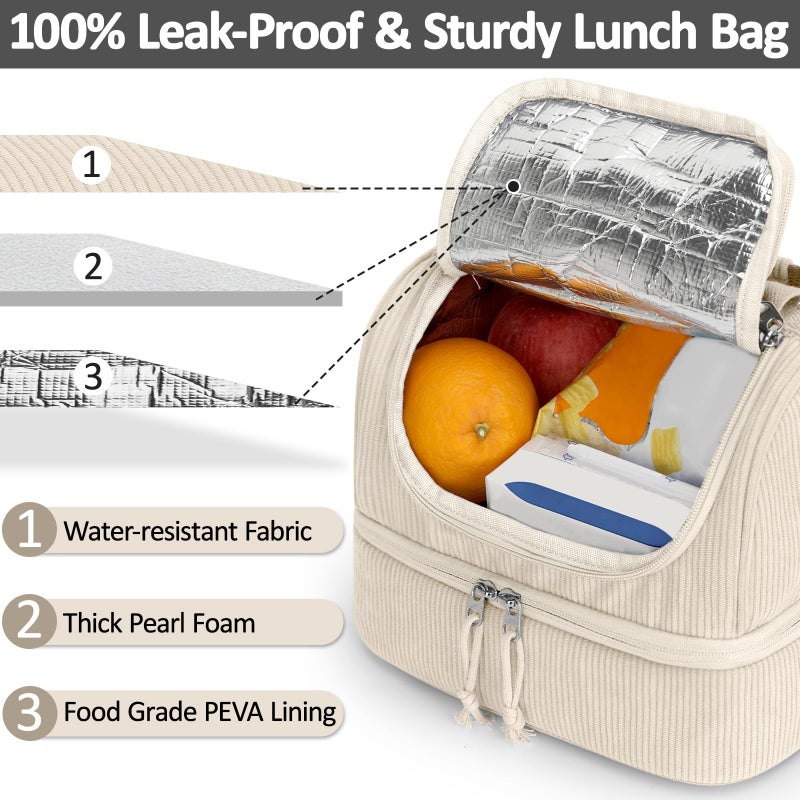Vankor Corduroy Lunch Box Kids Insulated Lunch Bag Double Decker, Cute Leak-Proof Lunch Box for Boys Girls, Portable Cooler Lunch Bag Thermal Lunch Tote for School Picnic Travel, Beige - Image 2