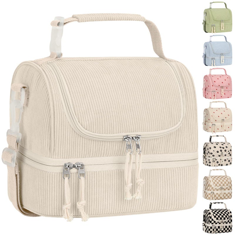 Vankor Corduroy Lunch Box Kids Insulated Lunch Bag Double Decker, Cute Leak-Proof Lunch Box for Boys Girls, Portable Cooler Lunch Bag Thermal Lunch Tote for School Picnic Travel, Beige - Image 1
