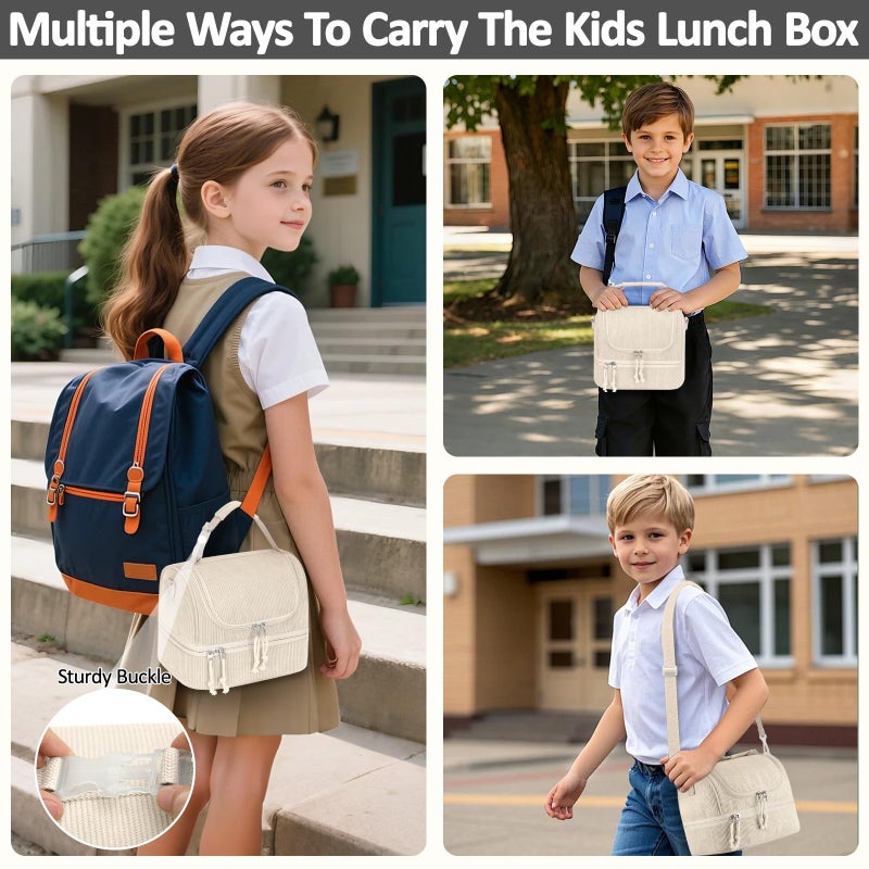 Vankor Corduroy Lunch Box Kids Insulated Lunch Bag Double Decker, Cute Leak-Proof Lunch Box for Boys Girls, Portable Cooler Lunch Bag Thermal Lunch Tote for School Picnic Travel, Beige - Image 3