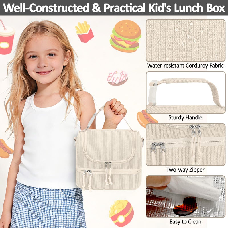 Vankor Corduroy Lunch Box Kids Insulated Lunch Bag Double Decker, Cute Leak-Proof Lunch Box for Boys Girls, Portable Cooler Lunch Bag Thermal Lunch Tote for School Picnic Travel, Beige - Image 4