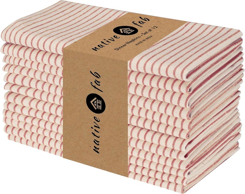 Native Fab Cloth Napkins 18x18 inches 100 Cotton Vintage Stripped Dinner Napkins Set of 12 Soft Breathable Absorbent Machine Washable Cloth Napkins Red Beige - Image 1