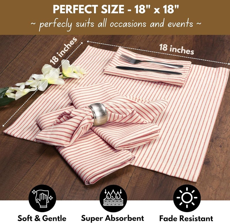 Native Fab Cloth Napkins 18x18 inches 100 Cotton Vintage Stripped Dinner Napkins Set of 12 Soft Breathable Absorbent Machine Washable Cloth Napkins Red Beige - Image 5