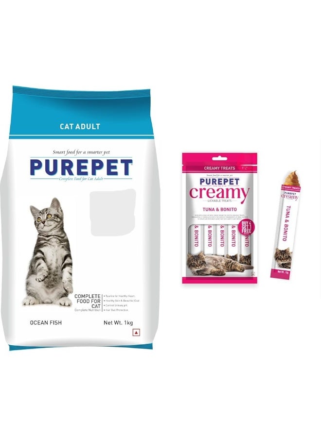 Purepet Adult Dry Cat Food 1kg | Ocean Fish Flavour & Creamy Lickable Cat Treats (75g x 5 ) | Tuna & Bonito - Image 1