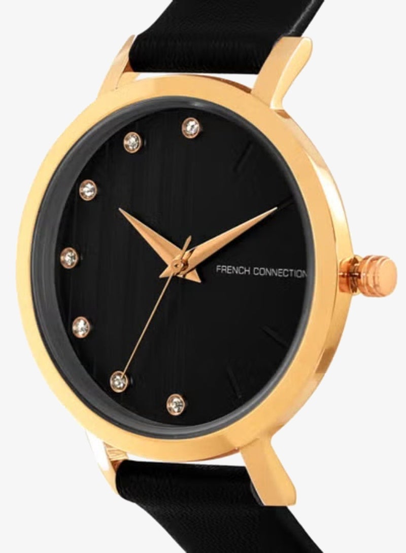 French Connection Black Dial and Black Leather Strap Analog Watch for Women 30mm - Image 2