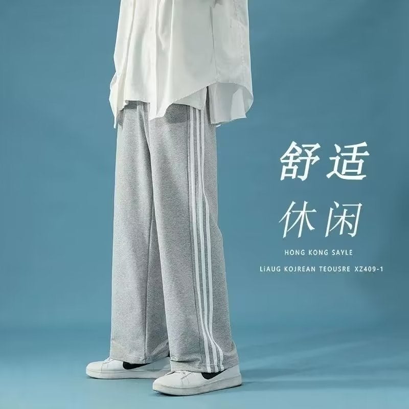 Mens Stripe Casual Wide Leg Pants Grey  - Image 1