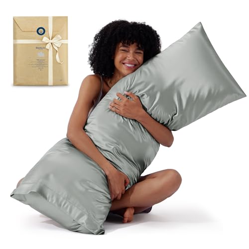 Bedsure Satin Body Pillow Pillowcase - Similar to Silk Body Pillow Cover Case with Envelope Closure,Cooling and Silky Long Pillowcase for Hair and Skin,Grey,20x54 Inches - Image 1