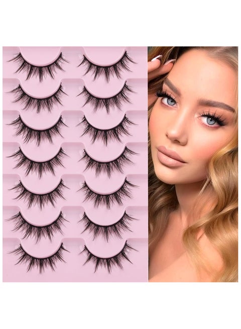 Manga Eyelashes, 7 Pair Natural Look False Eyelashes, Anime Lashes, Mink Wispy Fluffy Spiky 3D Volume Lashes Pack, Korean Japanese Cosplay Eyelashes for Women & Girls