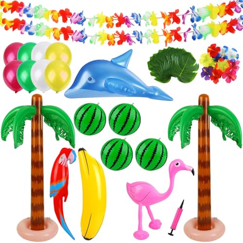 Ruisita Inflatable Luau Party Set 2 Pack Palm Trees 4 Pack Inflatable Watermelon 12 Pack Hawaiian Flowers 12 Pack Monstera Leaves 20 Pack Balloons Wingless Parrot Flamingo Banana for Party Supply - Image 1