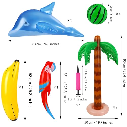 Ruisita Inflatable Luau Party Set 2 Pack Palm Trees 4 Pack Inflatable Watermelon 12 Pack Hawaiian Flowers 12 Pack Monstera Leaves 20 Pack Balloons Wingless Parrot Flamingo Banana for Party Supply - Image 5