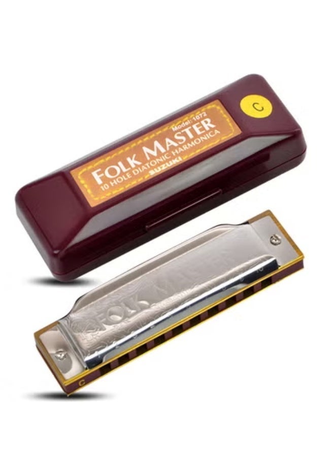 Suzuki 1072 Folkmaster 10 Hole Harmonica Diatonic Blues Mouth Harp Organ Flute Key of C with Protective Case - Image 1