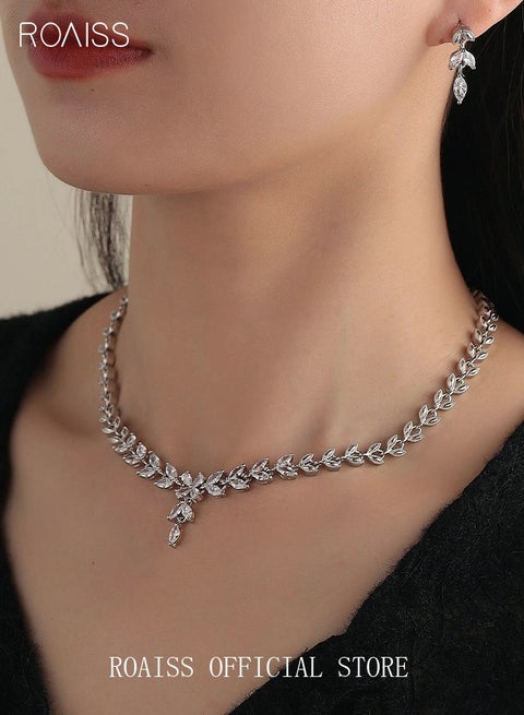 3Pcs Rhinestone Jewelry Set Stylish Elegant Leaf Necklace Zircon Earrings Chic Dress Accessory Festival Gift for Women Ladies Mother Wife Wedding Party Silver