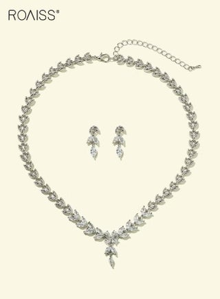 3Pcs Rhinestone Jewelry Set, Stylish Elegant Leaf Necklace Zircon Earrings Chic Dress Accessory , Jewellery Set Festival Gift for Women Ladies Mother Wife Wedding Party, Silver - view 3