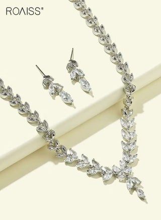 3Pcs Rhinestone Jewelry Set, Stylish Elegant Leaf Necklace Zircon Earrings Chic Dress Accessory , Jewellery Set Festival Gift for Women Ladies Mother Wife Wedding Party, Silver - view 4