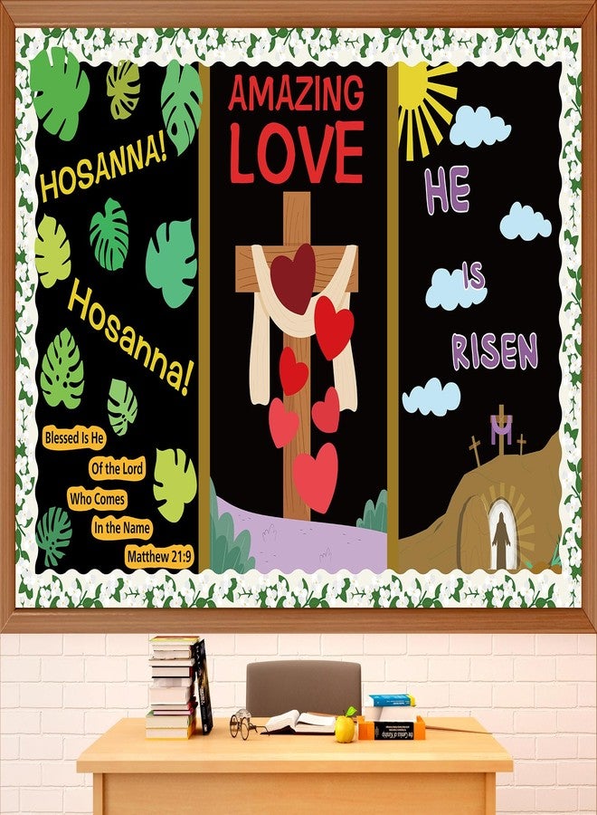 OBUSATT Easter Religious Bulletin Board Set Christian Jesus Classroom Decorations He is Risen Bulletin Board Easter Love Hearts Cross Jasmine Borders Cutouts for Sunday School Church Chalkboard Wall Decor - Image 1