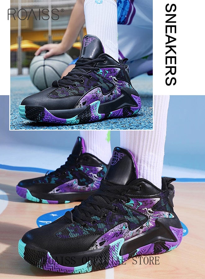roaiss Men's Stylish High Top Sneakers, Lightweight Breathable Trainers for Men, Lace up Non Slip Sports Shoes, Shock Absorbing Athletic Shoes with Soft Lining, Suitable for Daily Wear and Outdoor Activities Black/Purple - Image 3