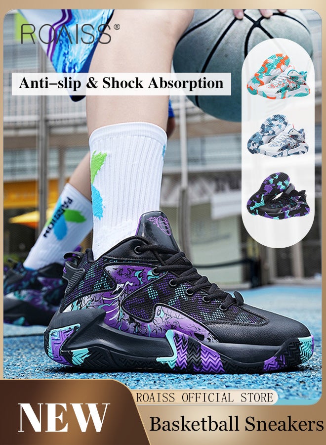 roaiss Men's Stylish High Top Sneakers, Lightweight Breathable Trainers for Men, Lace up Non Slip Sports Shoes, Shock Absorbing Athletic Shoes with Soft Lining, Suitable for Daily Wear and Outdoor Activities Black/Purple - Image 2