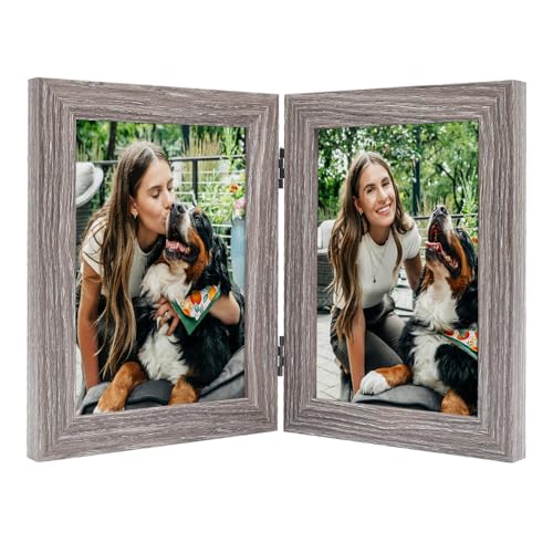 Frametory 5x7 Double Picture Frame Hinged 2 Photos Frame Collage Desk Picture Frame with Glass Side by Side Frame Vertical Grey 1 Pack
