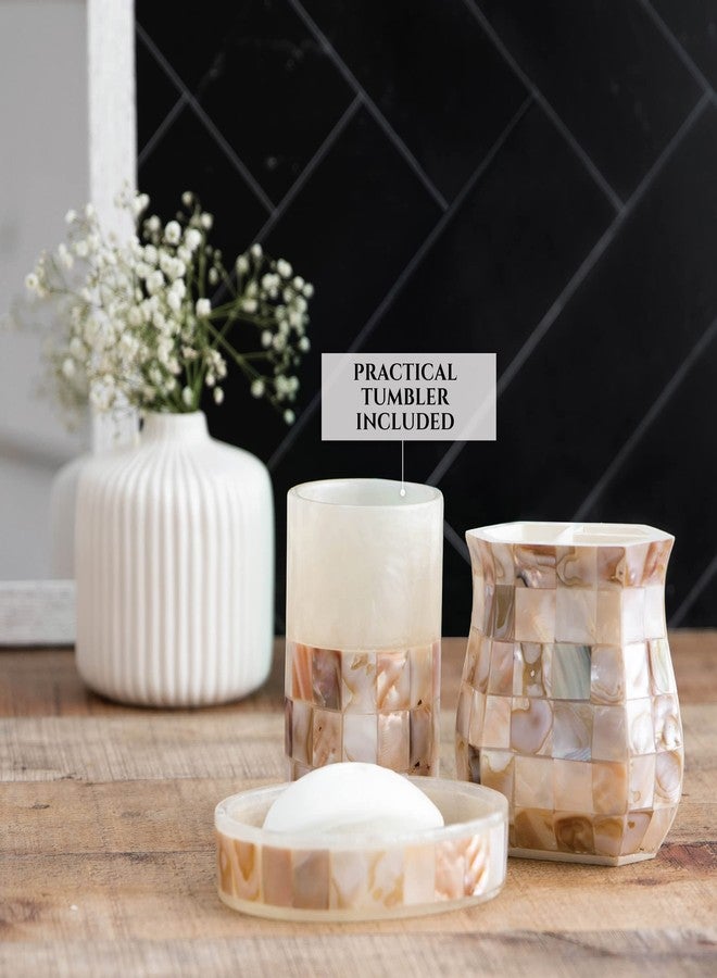 Creative Scents Milano Bathroom Accessories Set - 4 Piece Bathroom Accessory Set with Natural Mother of Pearl Shells - Decorative Bathroom Set Includes: Soap Dispenser, Toothbrush Holder, Tumbler and Soap Dish - Image 3