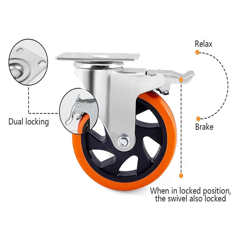 Krupalu Carbon Steel Swivel Caster Wheel Of 4 Pieces Of 4 Inch Trolley Wheel with powerful Bearing Strong Weight Handling Capacity 4PcOrange Color - Image 4