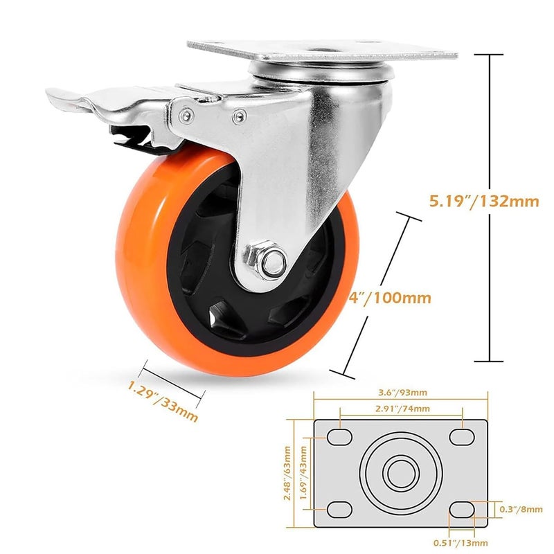 Krupalu Carbon Steel Swivel Caster Wheel Of 4 Pieces Of 4 Inch Trolley Wheel with powerful Bearing Strong Weight Handling Capacity 4PcOrange Color - Image 3