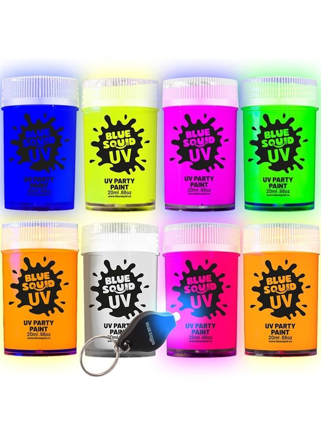 Blue Squid Glow In The Dark Paint - Blue Squid Fluorescent Glow Face & Body Paint for UV & Blacklight | Set of 8 Neon Face Paint Colors + FREE BONUS Ultraviolet Flashlight | Bright Glowing Makeup for Festivals - Image 1