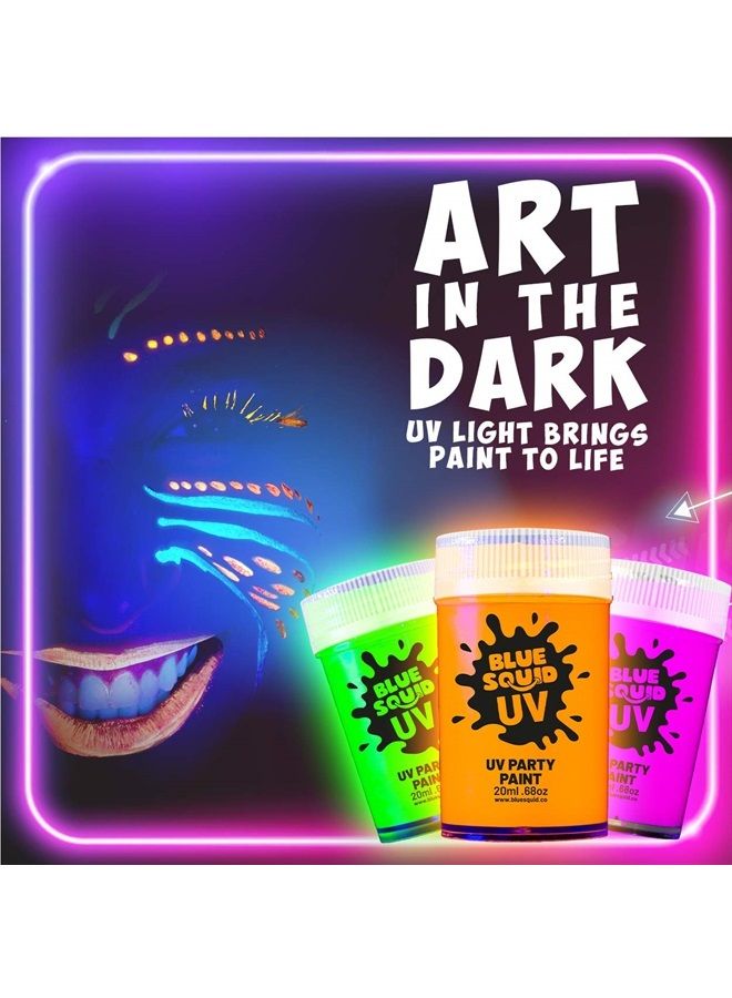 Blue Squid Glow In The Dark Paint - Blue Squid Fluorescent Glow Face & Body Paint for UV & Blacklight | Set of 8 Neon Face Paint Colors + FREE BONUS Ultraviolet Flashlight | Bright Glowing Makeup for Festivals - Image 2