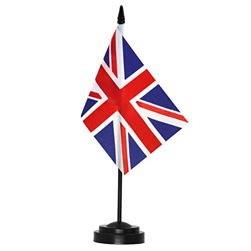 Anley UK Deluxe Desk Flag Set - 6 x 4 Inch Miniature United Kingdom British Desktop Flag with 12" Solid Pole - Vivid Color and Fade Resistant - Black Base and Spear Top - Image 1