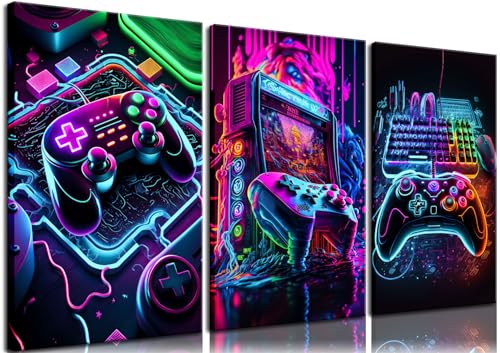 BGFCE 3pcs Decorative Poster Wall Art - Colorful Game Handle Theme Canvas Print Neon Console Painting for Children Youth Bedroom Home Wall Decor - Purple Cool Game Canvas 12x16in - Image 1
