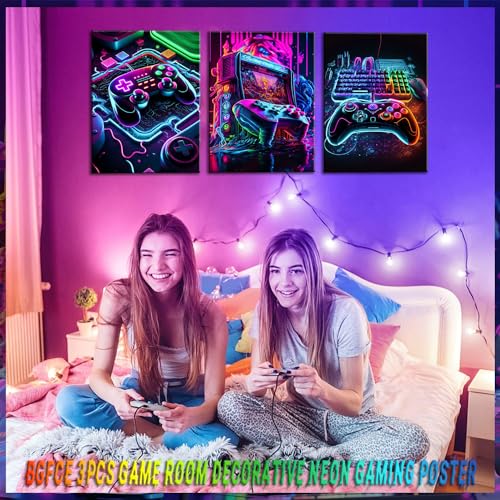 BGFCE 3pcs Decorative Poster Wall Art - Colorful Game Handle Theme Canvas Print Neon Console Painting for Children Youth Bedroom Home Wall Decor - Purple Cool Game Canvas 12x16in - Image 3