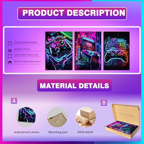 BGFCE 3pcs Decorative Poster Wall Art - Colorful Game Handle Theme Canvas Print Neon Console Painting for Children Youth Bedroom Home Wall Decor - Purple Cool Game Canvas 12x16in - Image 4
