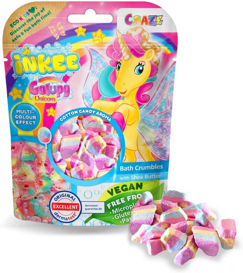INKEE Bath Crumble Galupy Unicorn, Crumbled Bath Bombs for Children with Cotton Candy Flavour and 4 Colours, Bag of 100 gr. - Image 1
